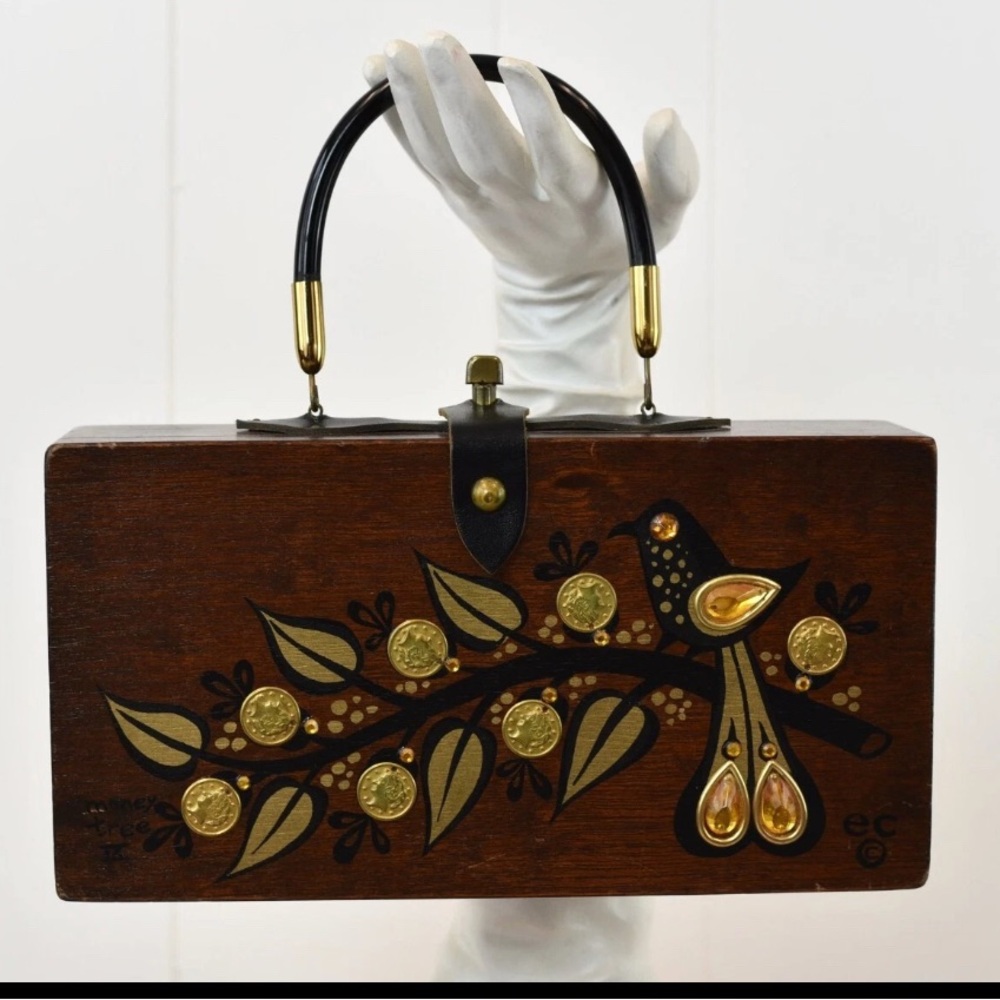 1964 60s Enid Collins of Texas Money Tree Coin Bird Brown Wood Box Purse Handbag